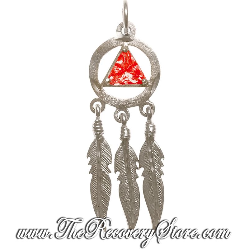 Sterling Silver AA Pendant with Birthstone &amp; Three Feathers