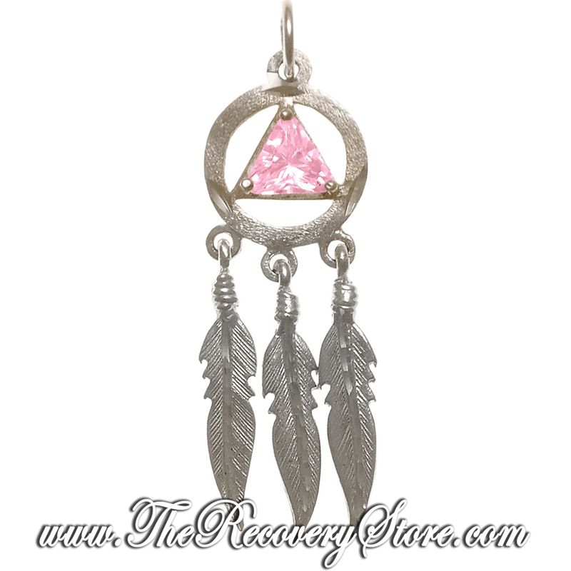 Sterling Silver AA Pendant with Birthstone &amp; Three Feathers