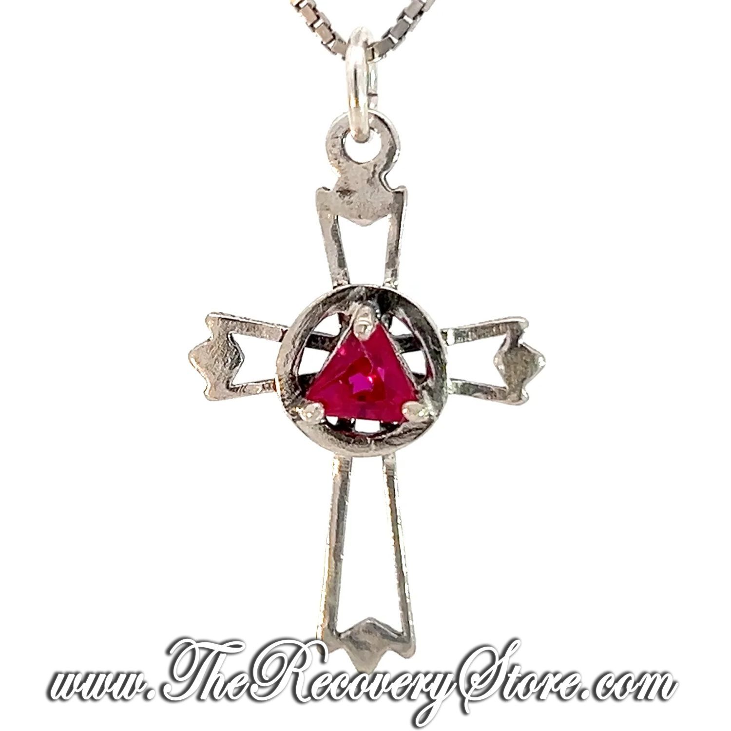 Sterling Silver AA Symbol Set Inside Cross Birthstone Pendant, Version: Jan - Garnet