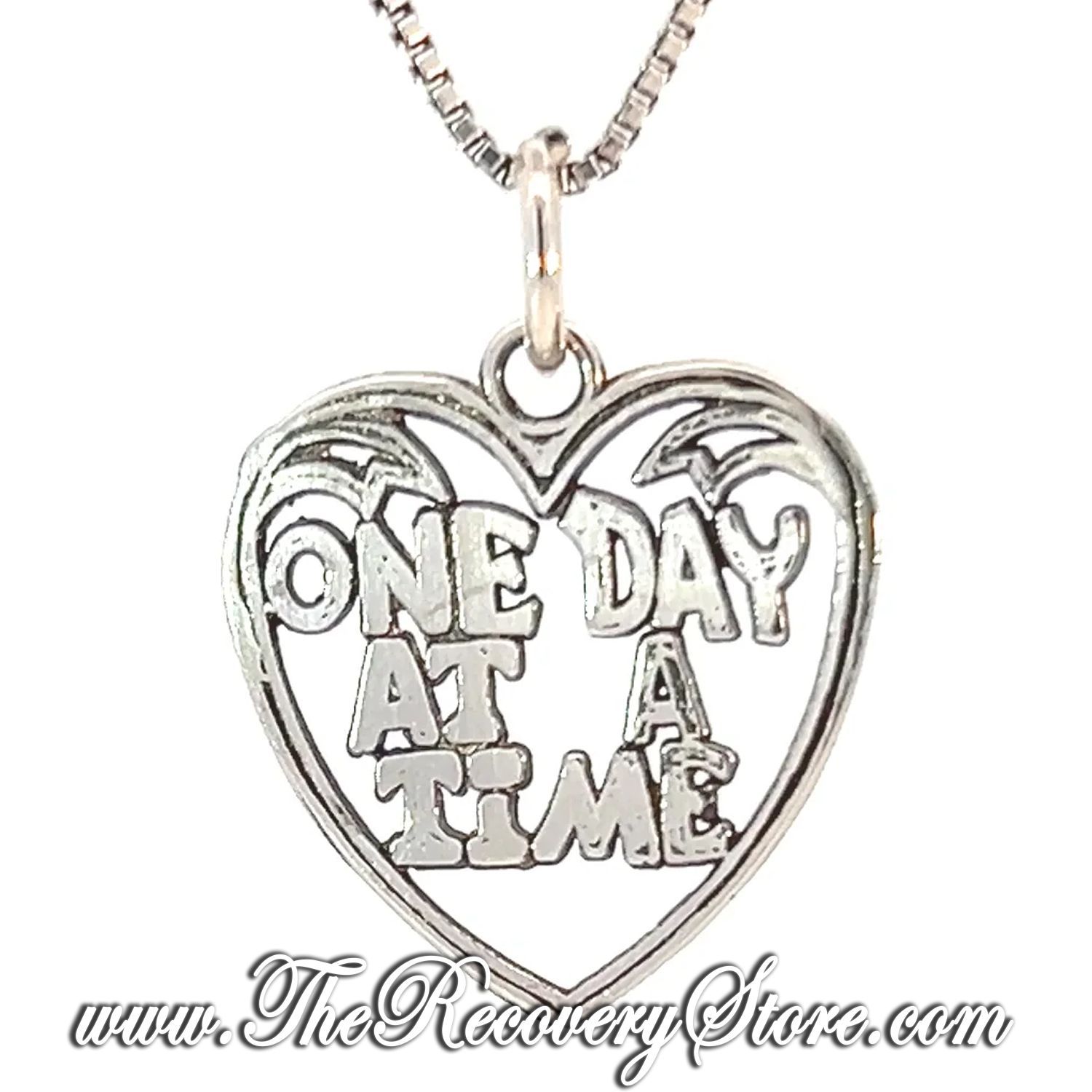 Sterling Silver &quot;One Day At A Time&quot; In A Heart Sayings Pendant