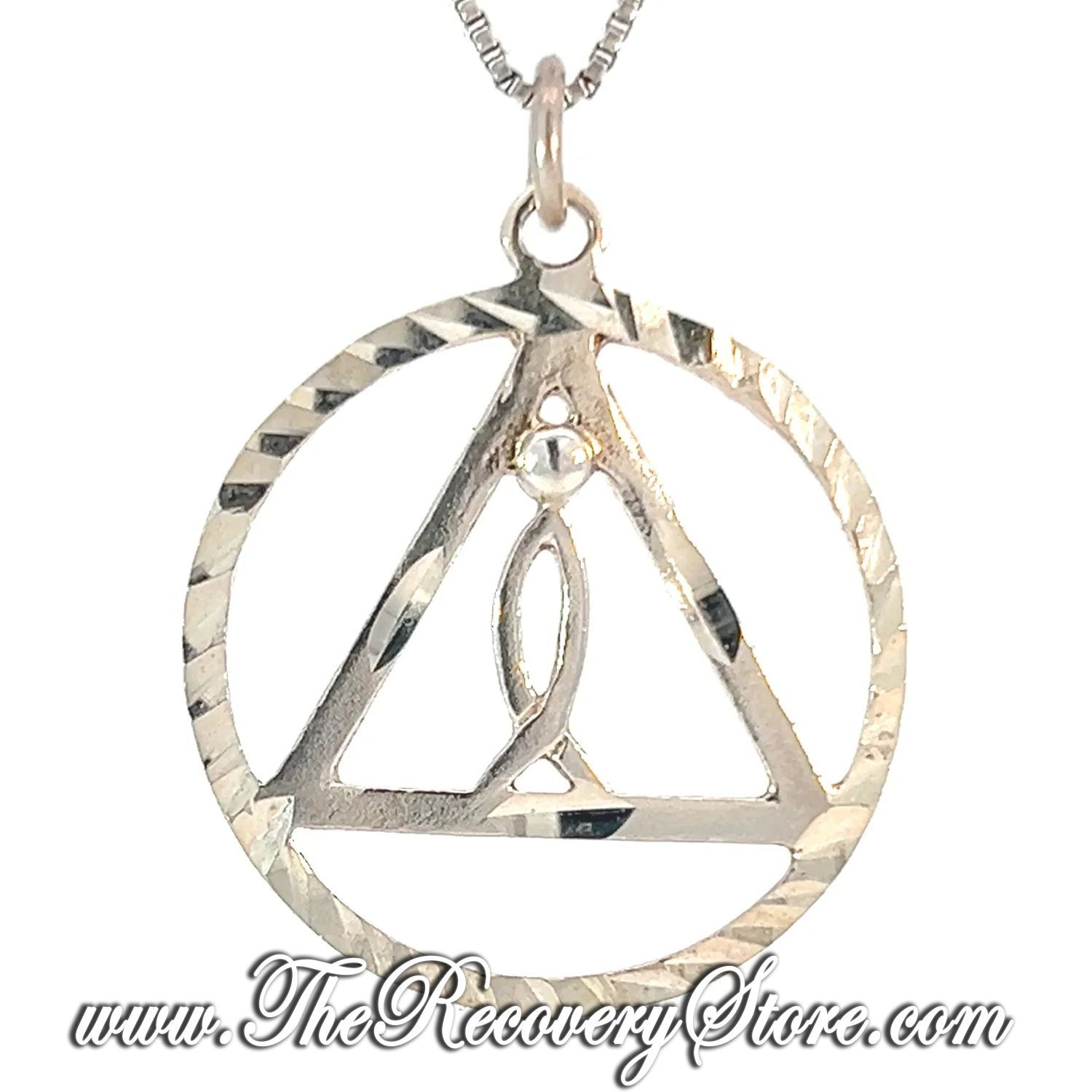 Sterling Silver AA Recovery Symbol and &quot;IXOYE&quot; Symbol set inside the Triangle Pendant