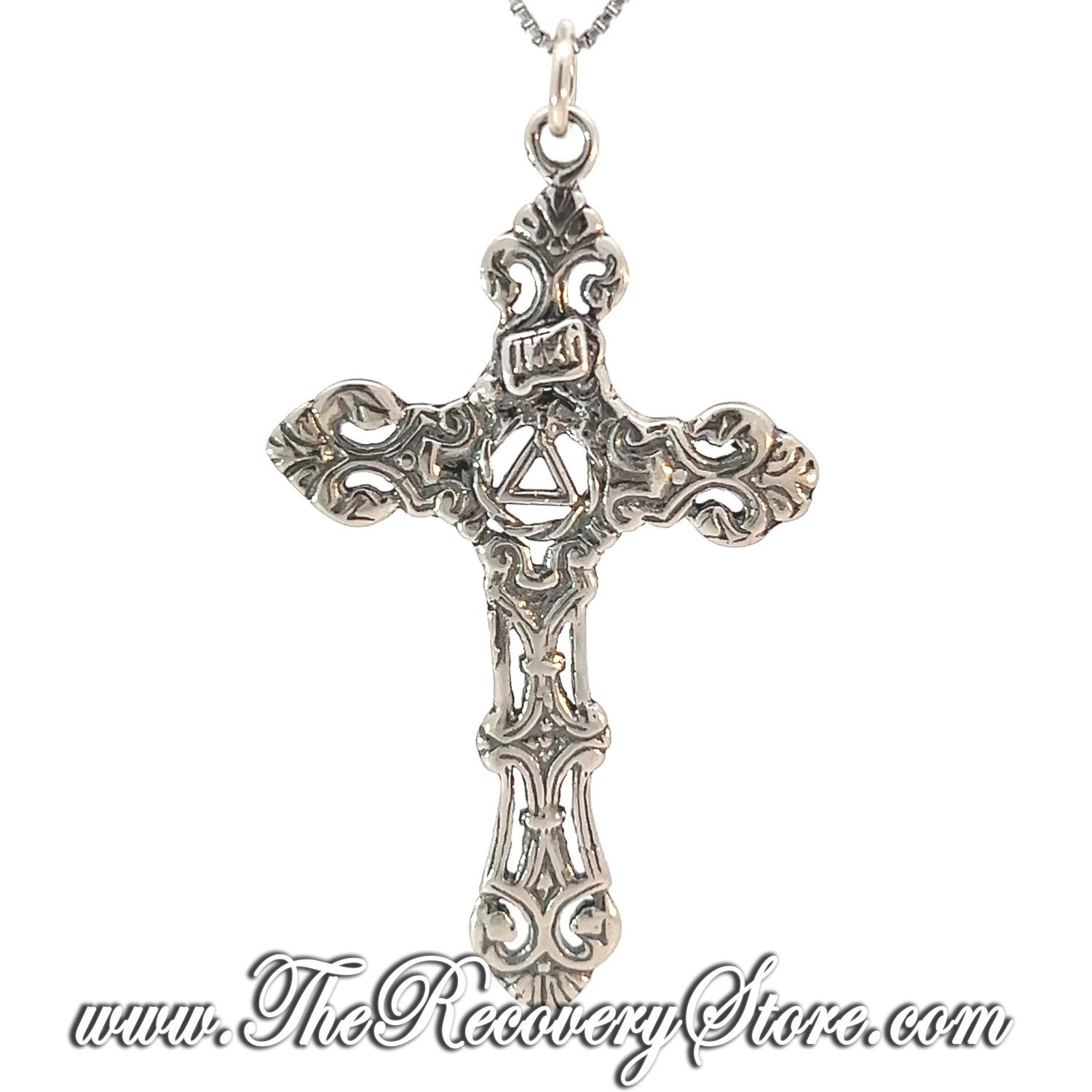 Sterling Silver AA Recovery Symbol on a Beautiful Cross Pendant