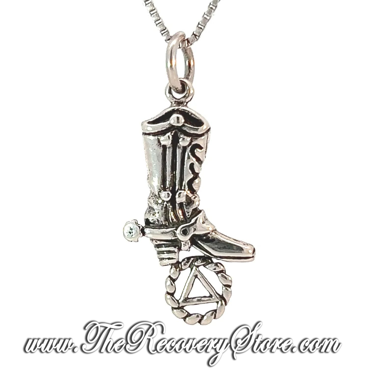 Sterling Silver AA Recovery Symbol on a Cowboy Boot Pendant