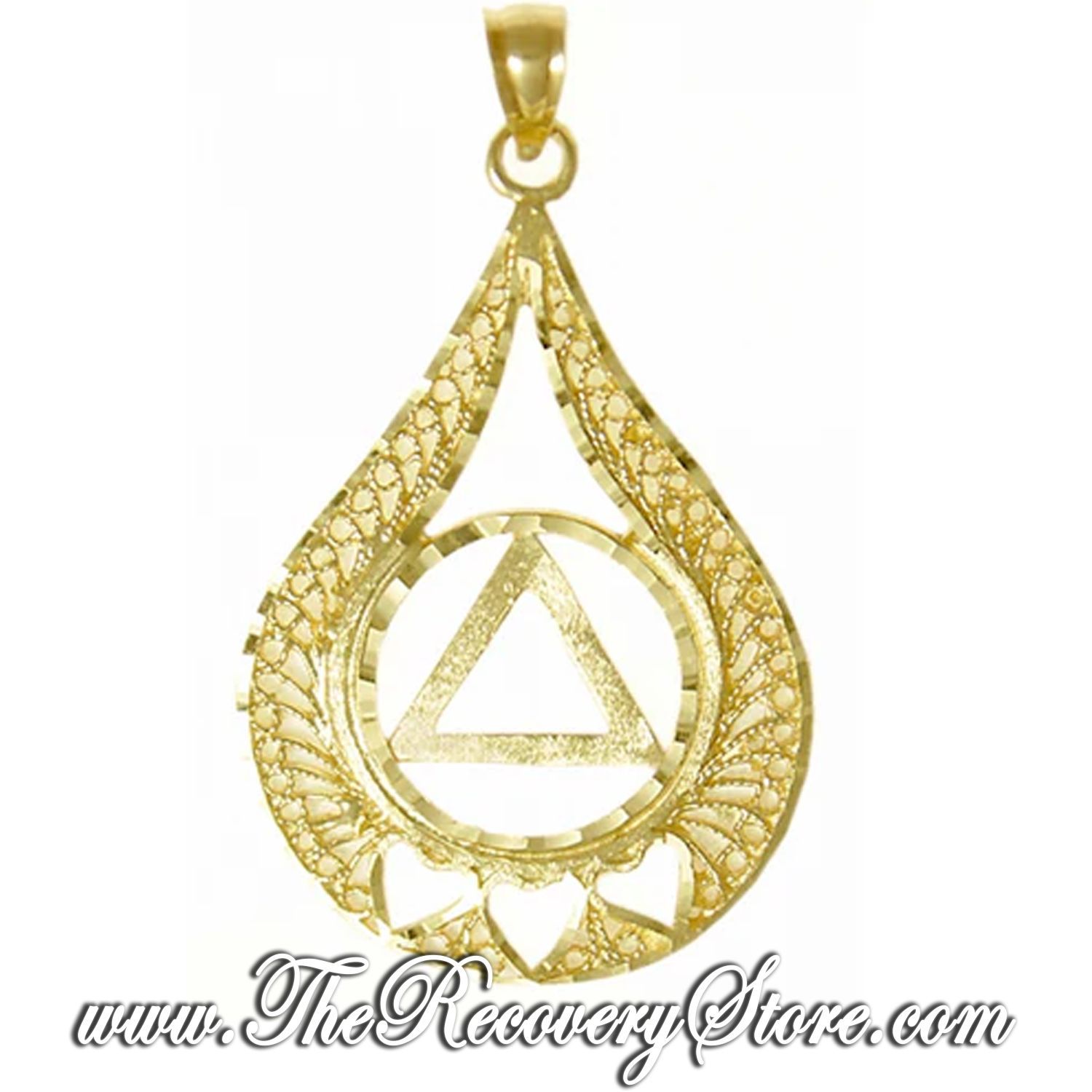 14k Gold AA Circle Triangle with 3 Hearts set in a Filigree Style Tear Drop Pendant