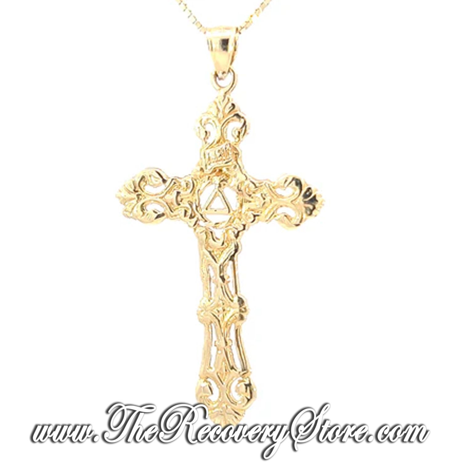 14k Gold AA Recovery Symbol on a Beautiful Cross Pendant