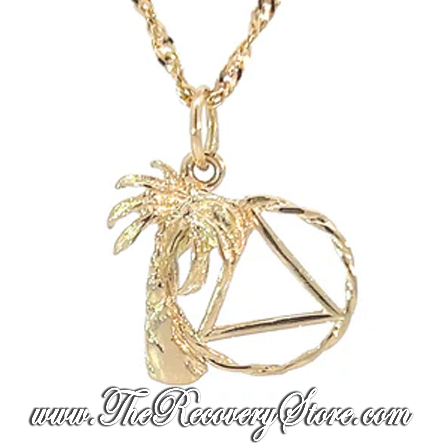*14k Gold Palm Tree with AA Symbol in Twist Wire Circle Pendant