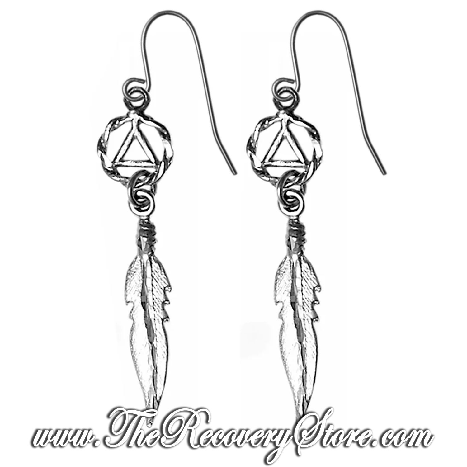 Sterling Silver AA Circle Triangle with a Single Feather Earrings