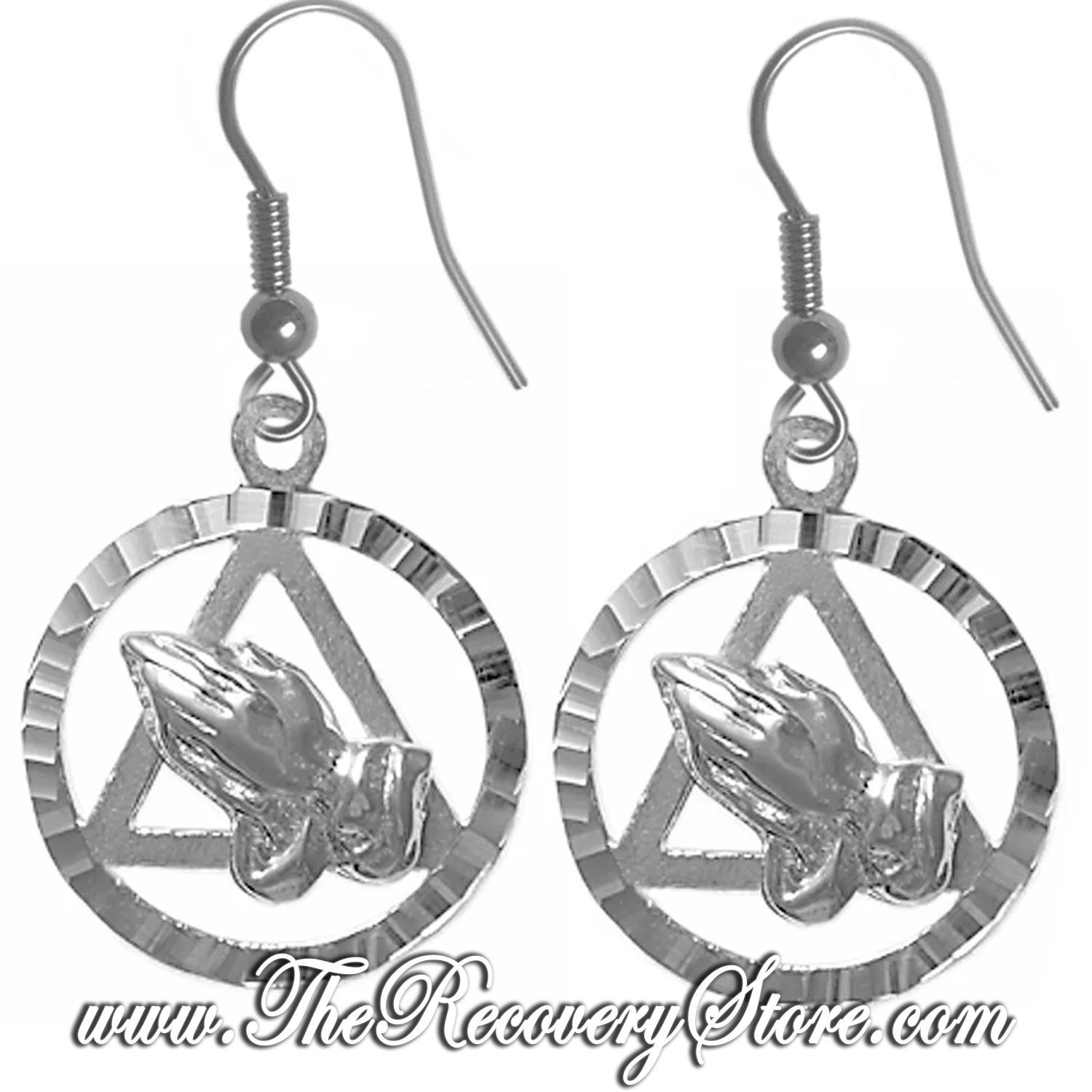 Sterling Silver AA Symbol with Praying Hands in a Diamond Cut Circle Earrings