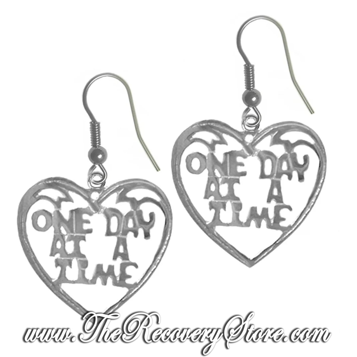 Sterling Silver Heart with &quot;One Day At A Time&quot; Earrings
