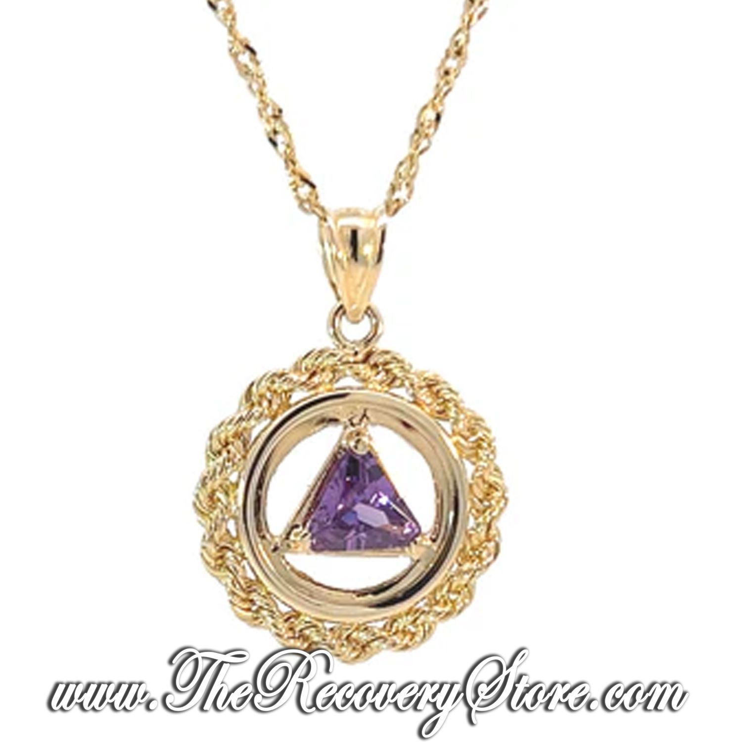 14k Gold AA Medium Size Rope &amp; Amethyst CZ Pendant