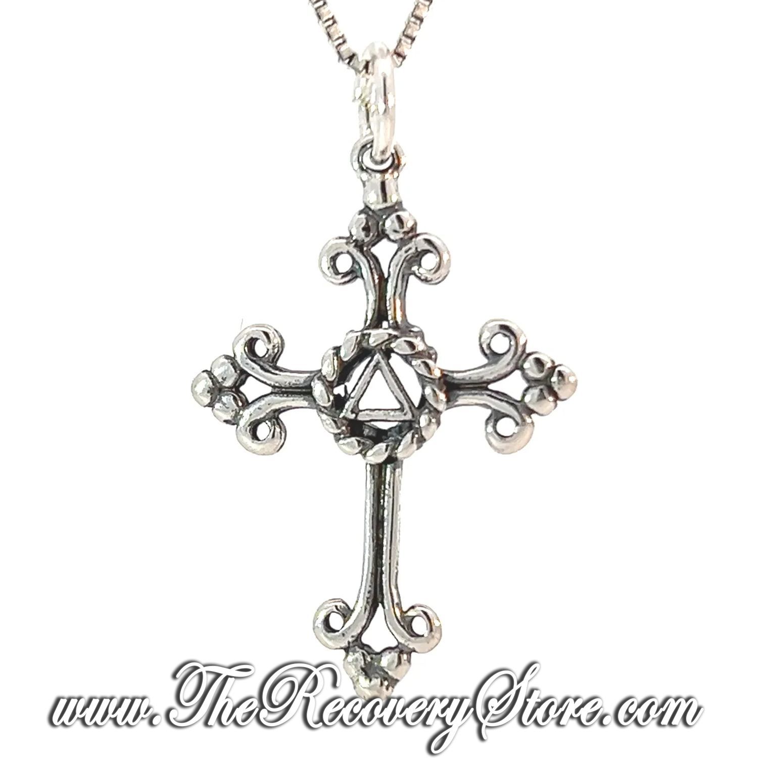 AA Symbol Set in an Open Cross Sterling Silver Medium Pendant