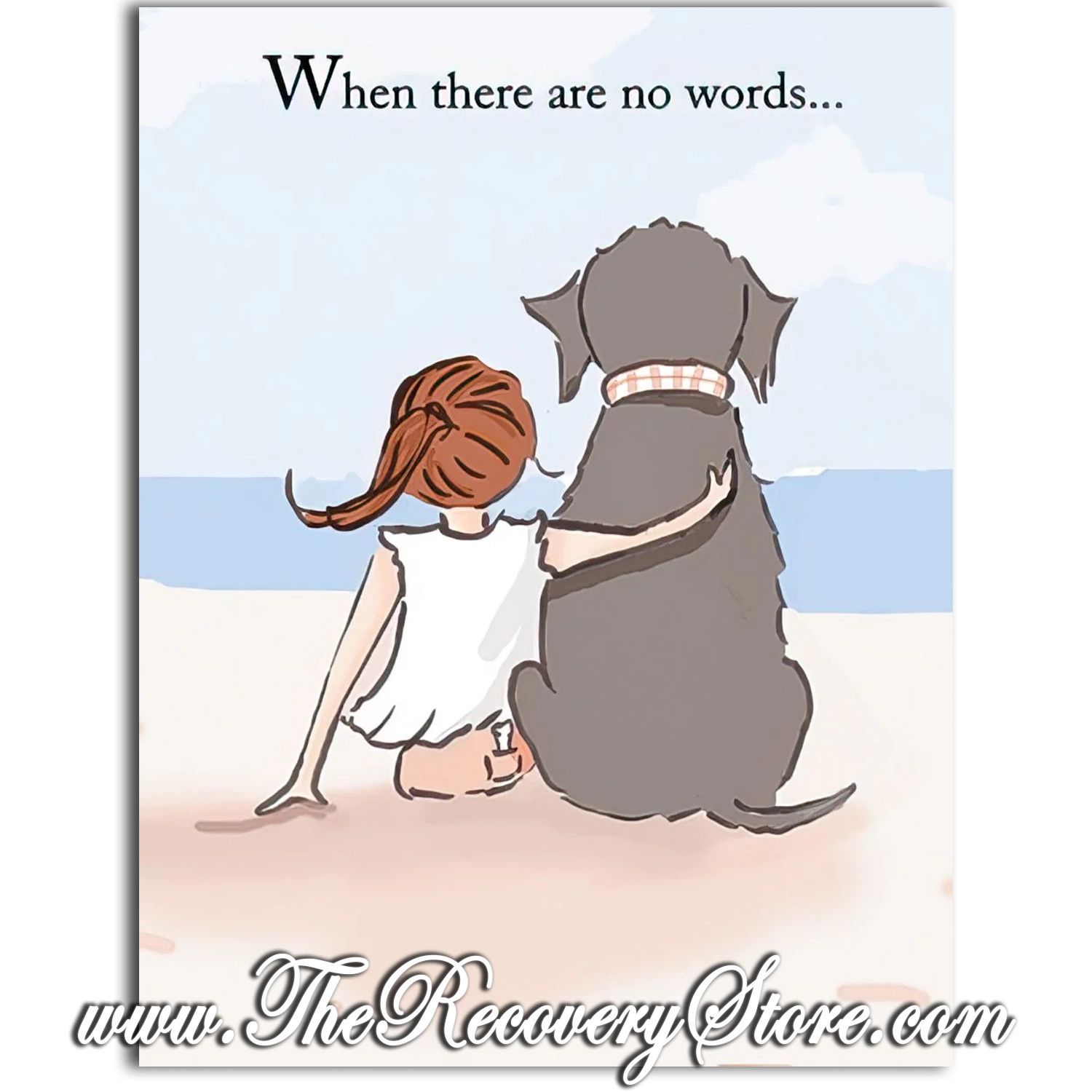Greeting Card - Girl With Arm Around Dog Sits on Beach