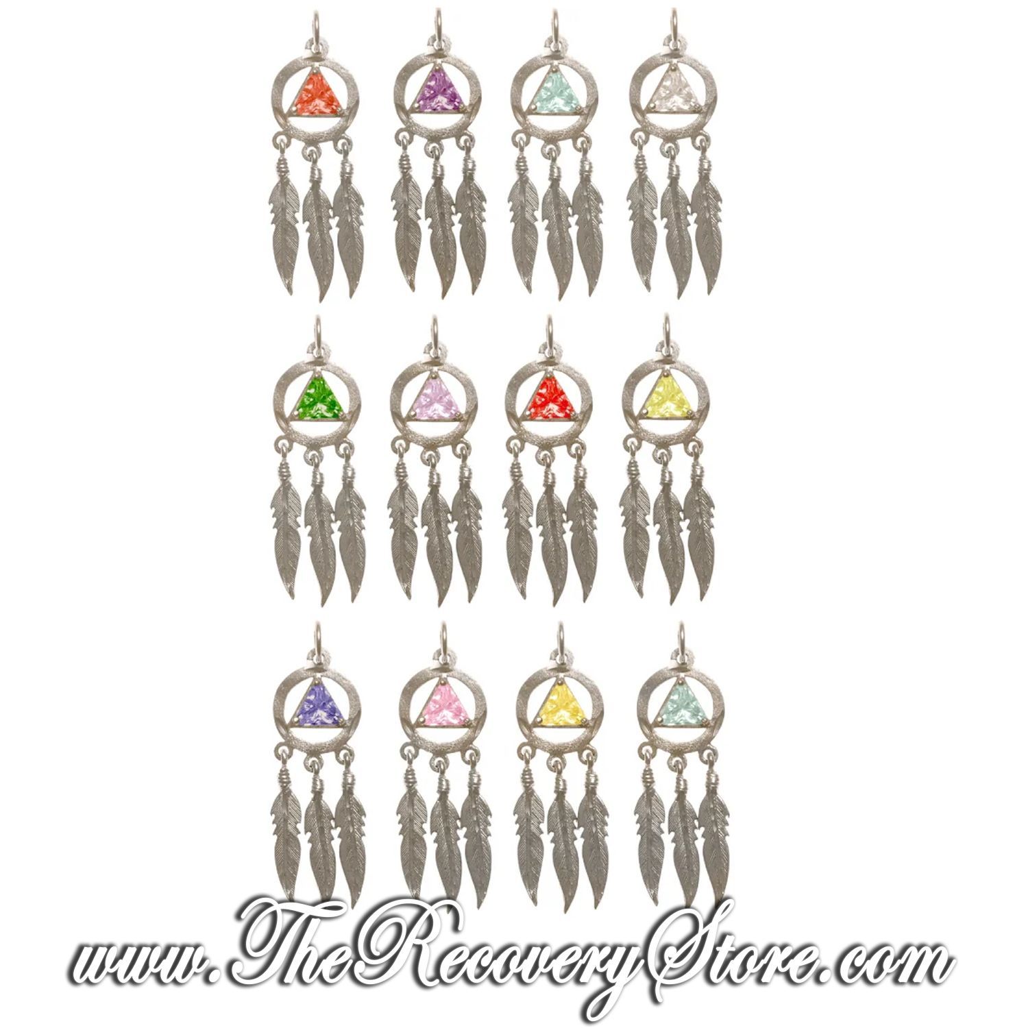 Sterling Silver AA Symbol in Triangle Colored CZ Birthstones with 3 Feathers Earrings, Version: Jan - Garnet