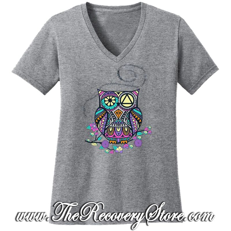 T-Shirt - Serenity Prayer Owl - V-Neck - Gray - Extra Large