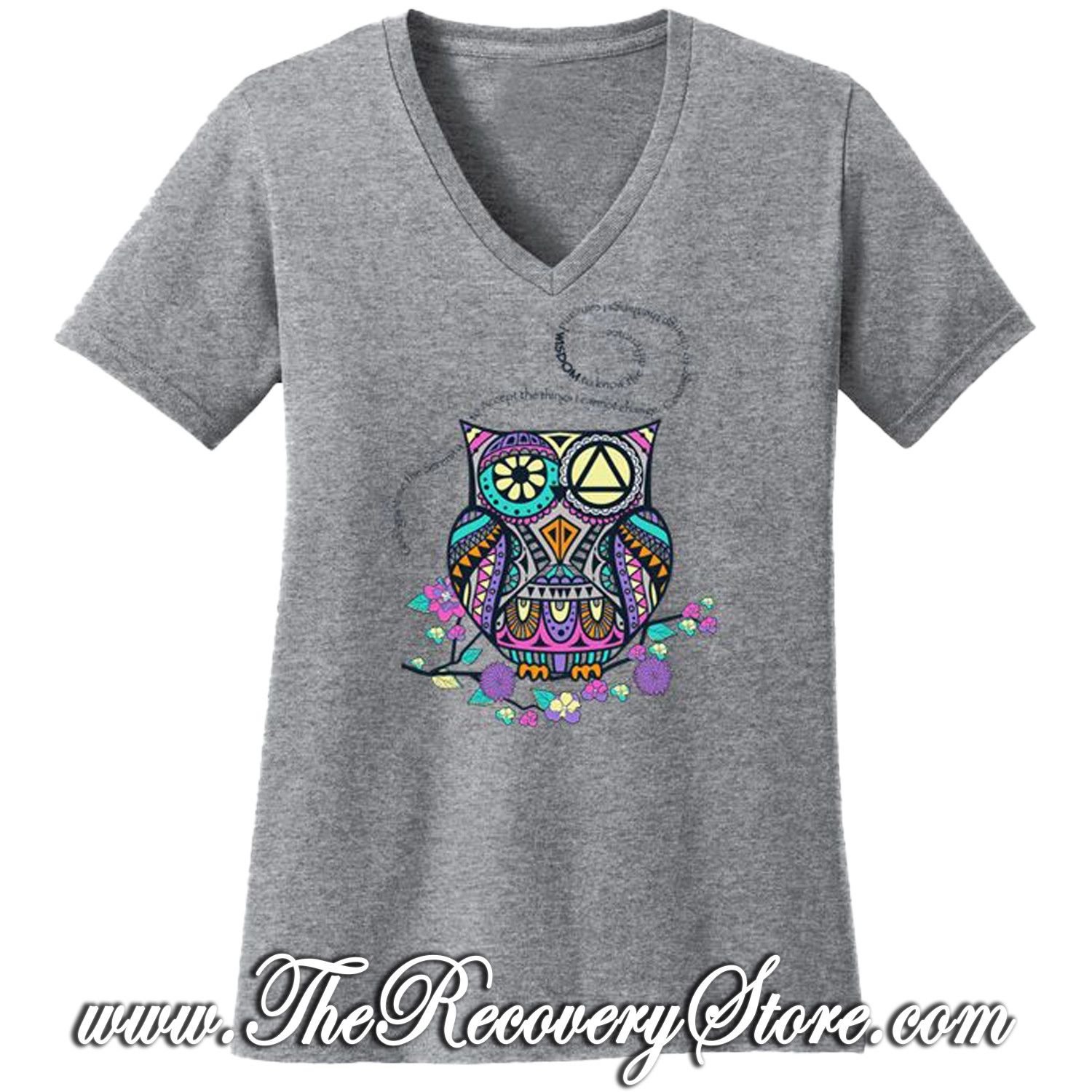 T-Shirt - Serenity Prayer Owl - V-Neck - Gray - Large