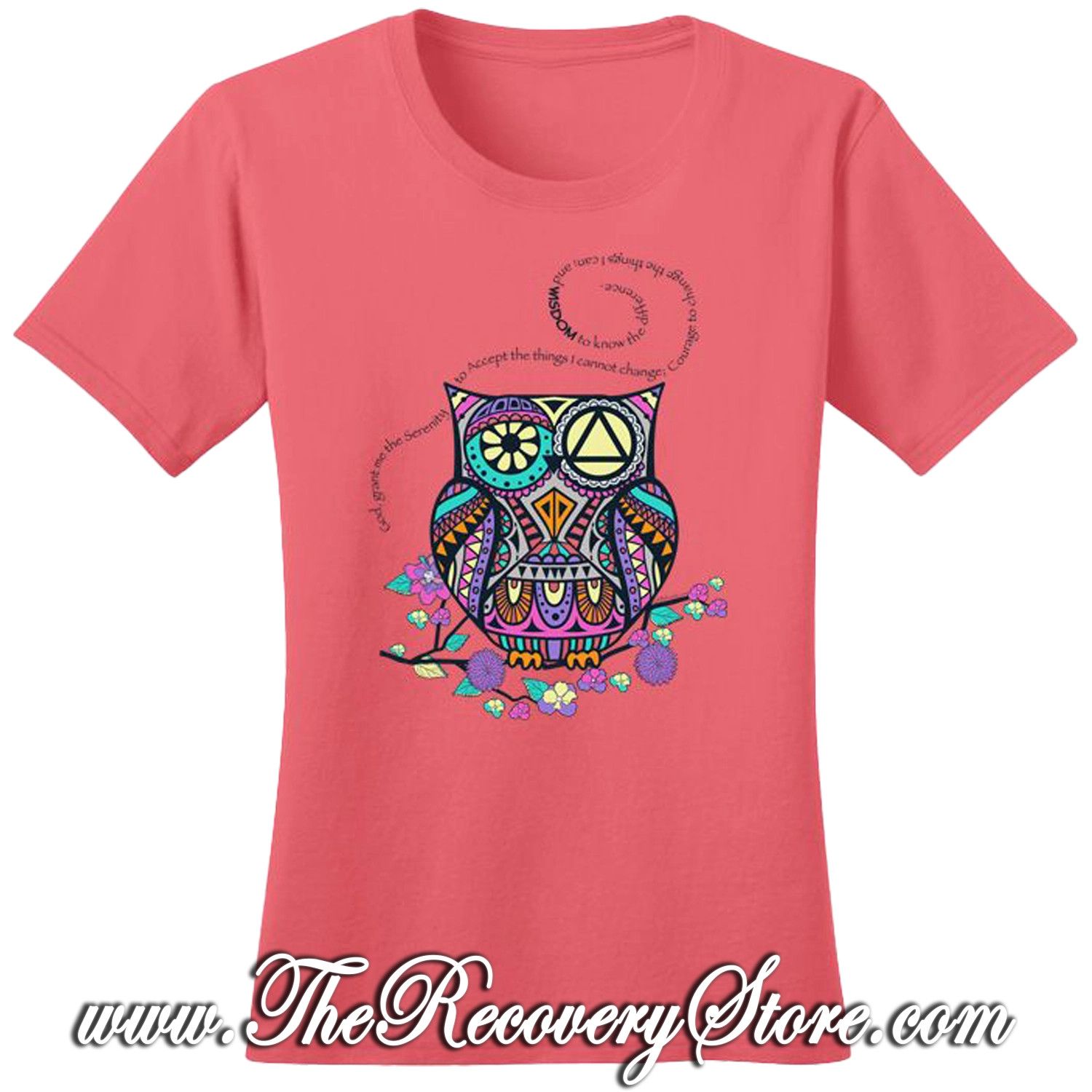 T-Shirt - Serenity Prayer Owl - Coral - Large