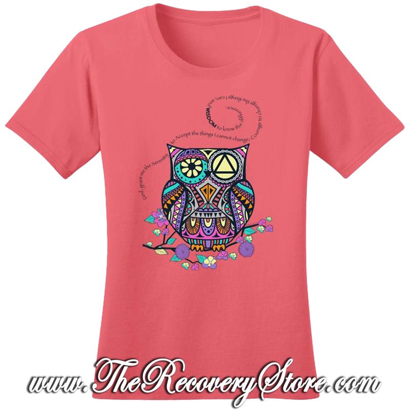 T-Shirt - Serenity Prayer Owl - Coral - Large