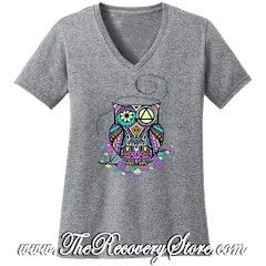 T-Shirt - Serenity Prayer Owl - V-Neck - Gray - Small