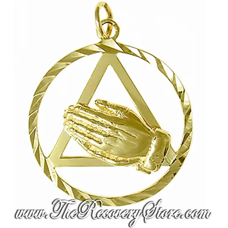 AA 14k Gold Symbol w/ Praying Hands Large Diamond Cut Circle Pendant