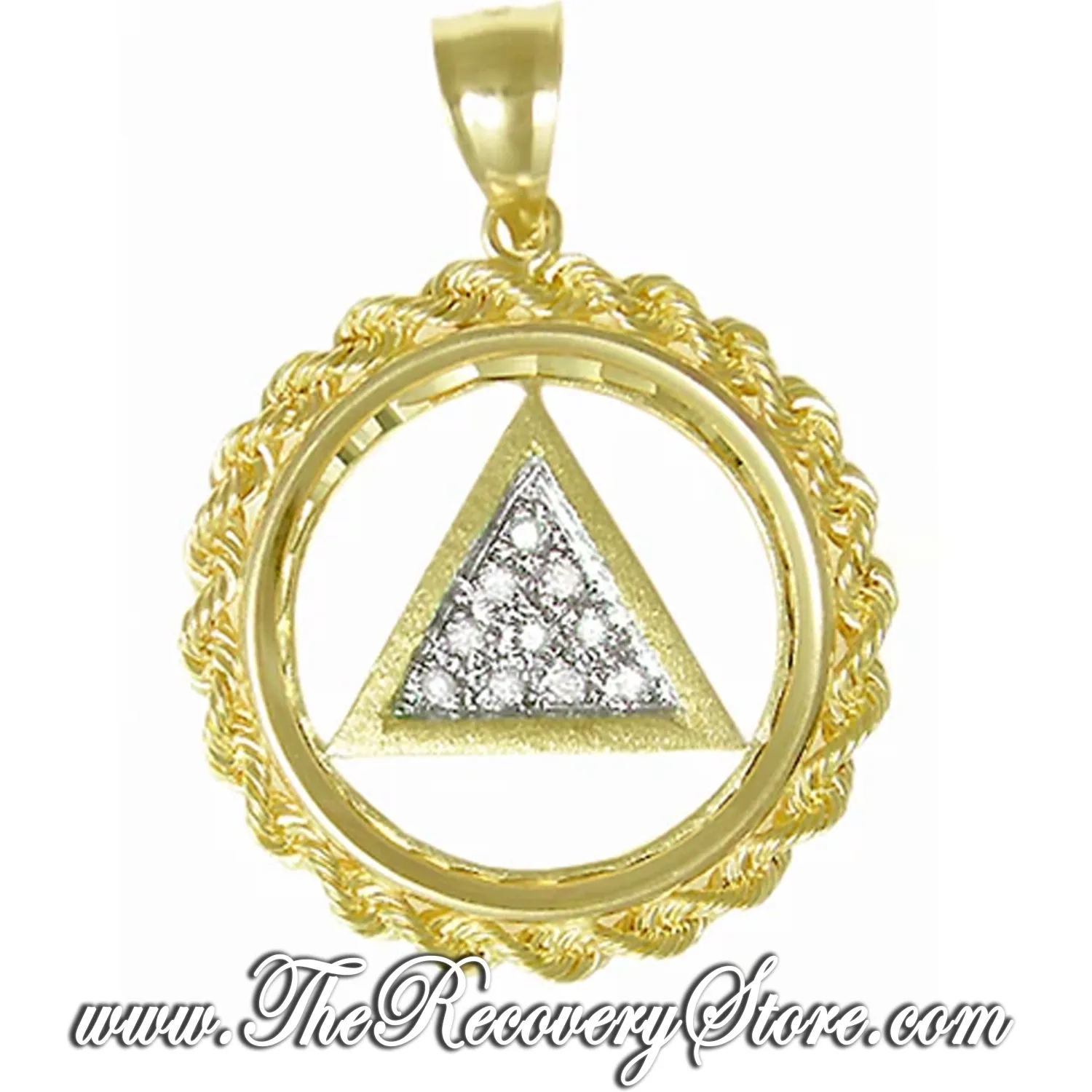 14k Gold AA Symbol, Rope Circle w/10, 1pt. Pavé Diamonds set in center of Triangle Pendant