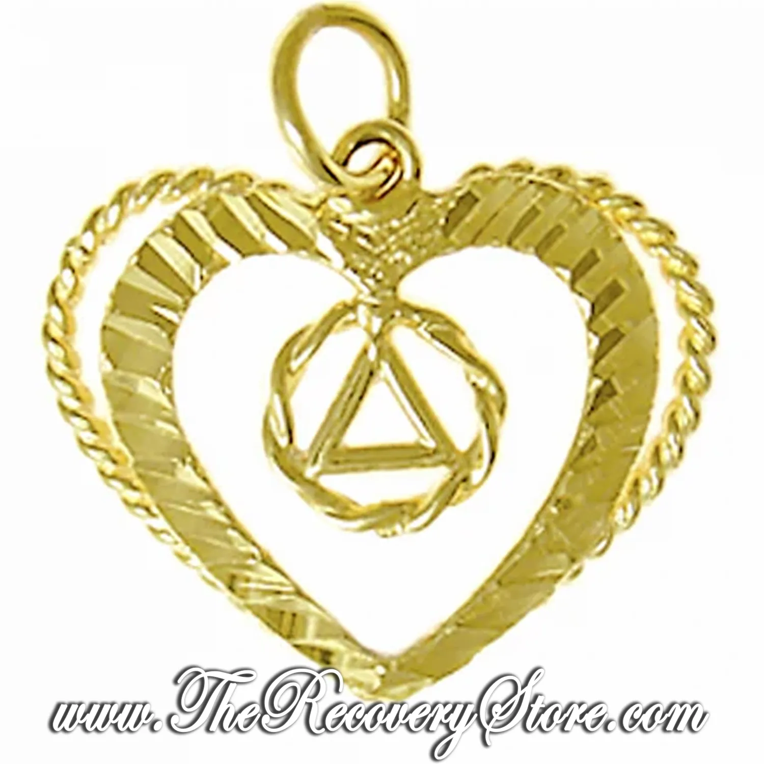 14k Gold AA Symbol in a Small Twist Wire Circle in a Open Heart Pendant