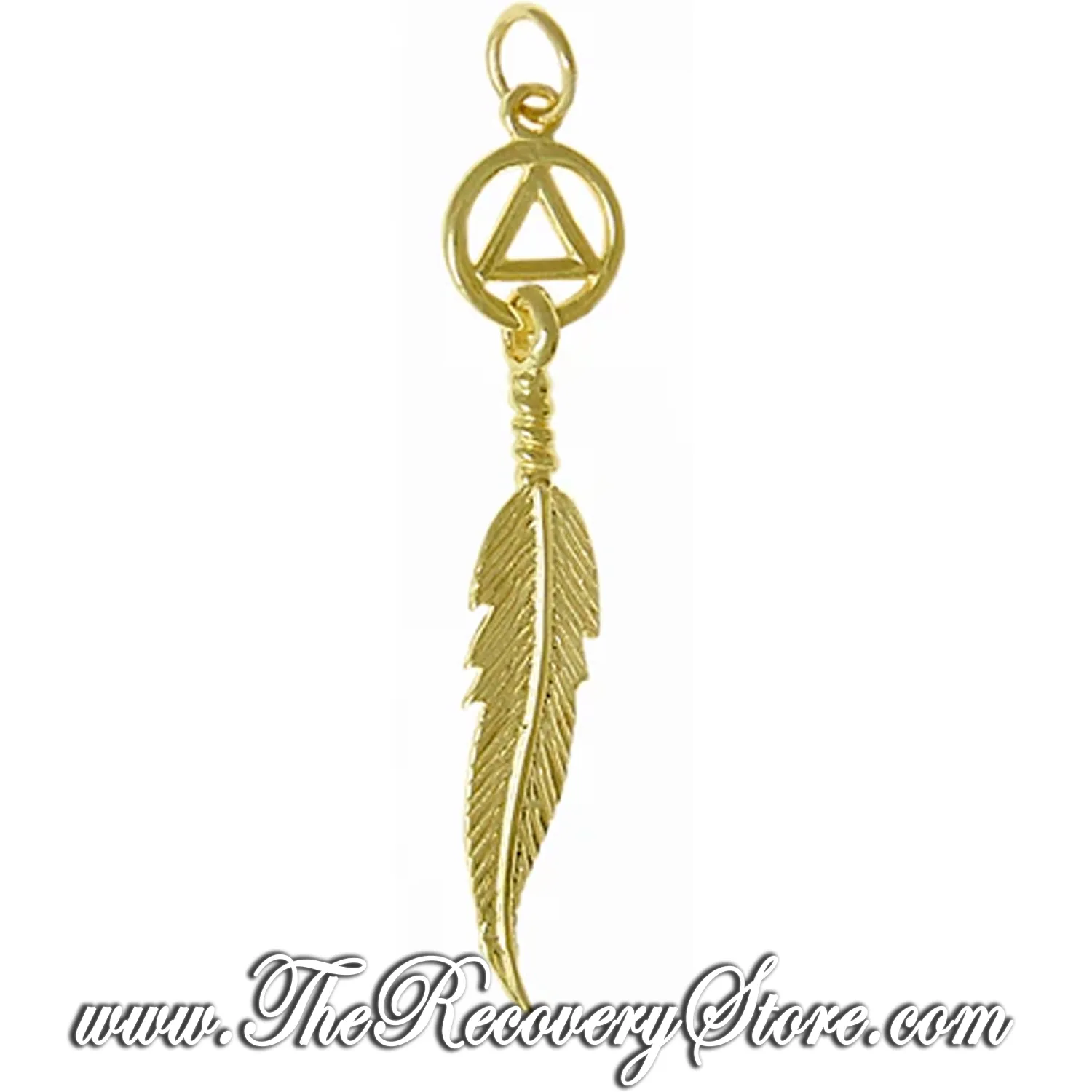 14k Gold AA Circle Triangle with a Single Feather Pendant