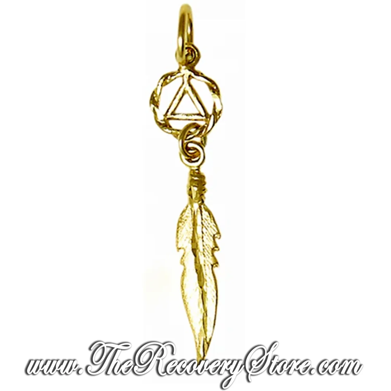 14k Gold AA Symbol in a Small Twist Wire Circle with a Single Feather Pendant