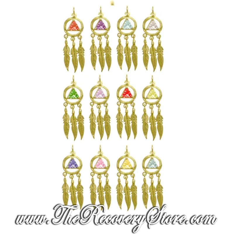 AA 14k Gold  Monthly Birthstone Symbol With 3 Feathers Pendant