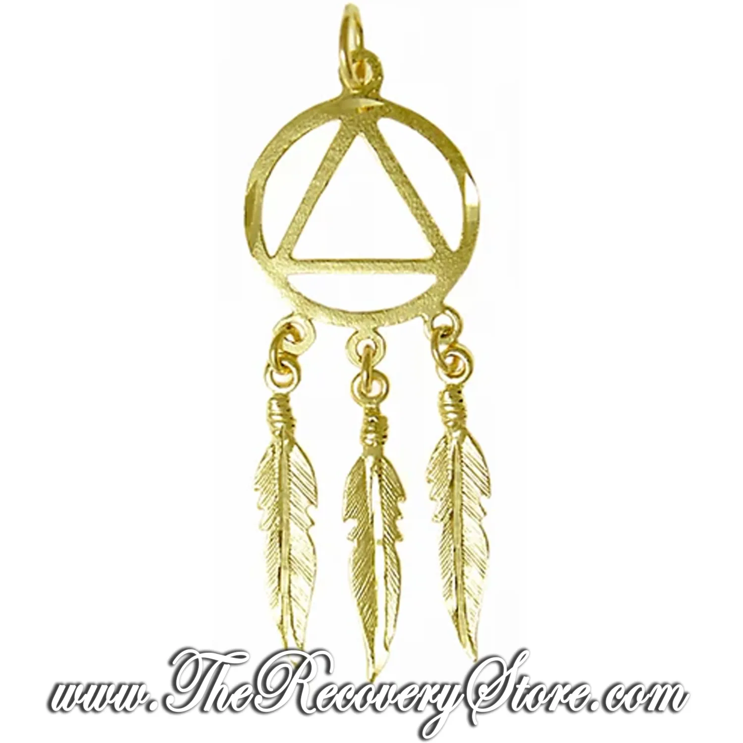 14k Gold AA Symbol in Diamond Cut Circle with 3 Feathers Pendant