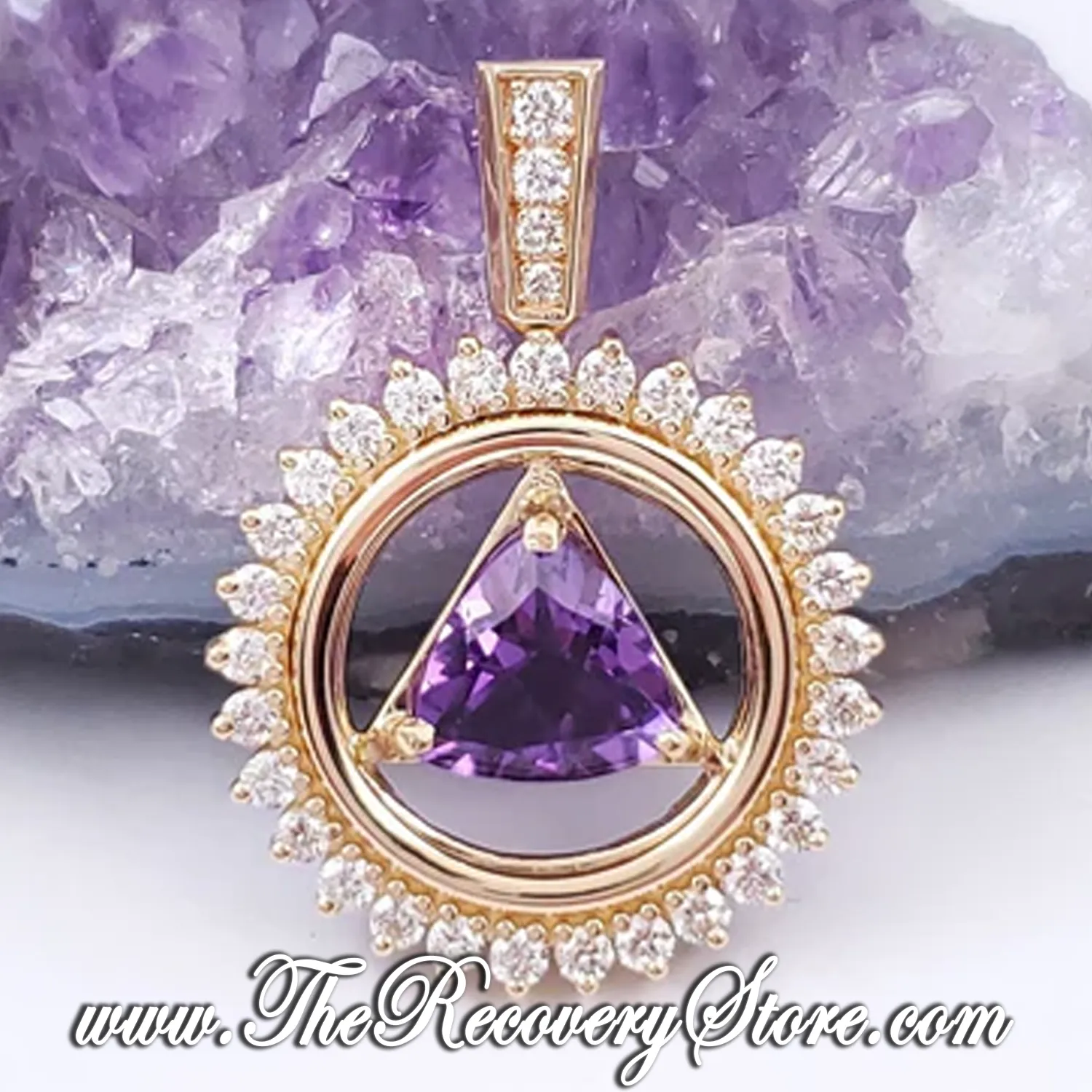 14k Gold AA Symbol Circle of 22 diamonds with Genuine Amethyst Triangle Pendant