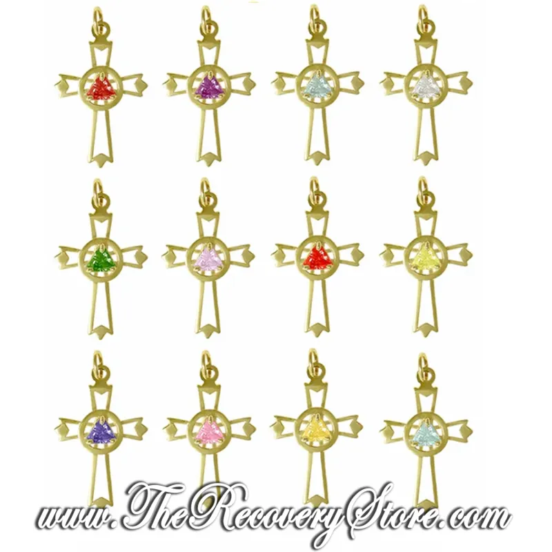 AA 14k Gold Monthly Birthstone Symbol Inside Cross Pendant