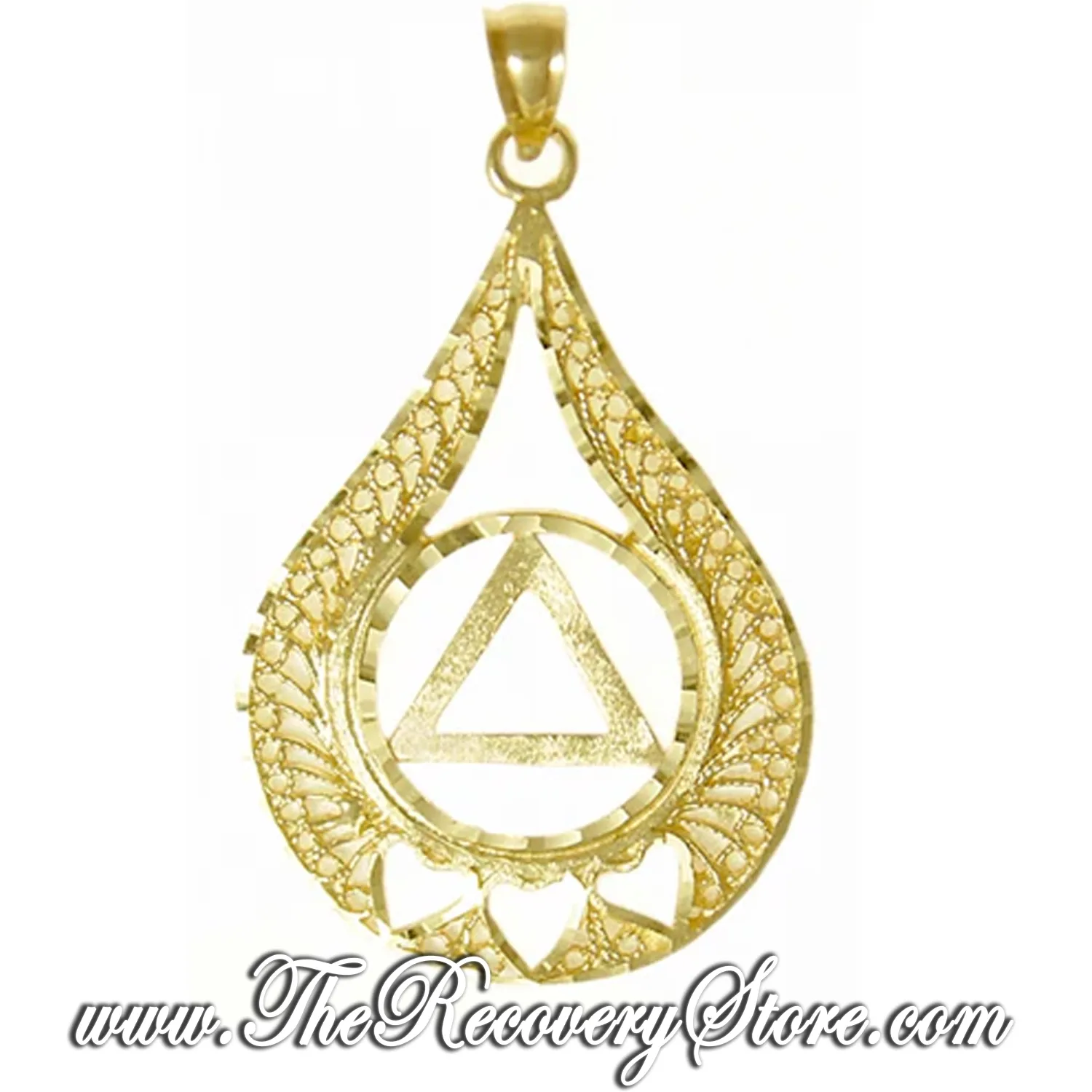 14k Gold AA Circle Triangle with 3 Hearts set in a Filigree Style Tear Drop Pendant