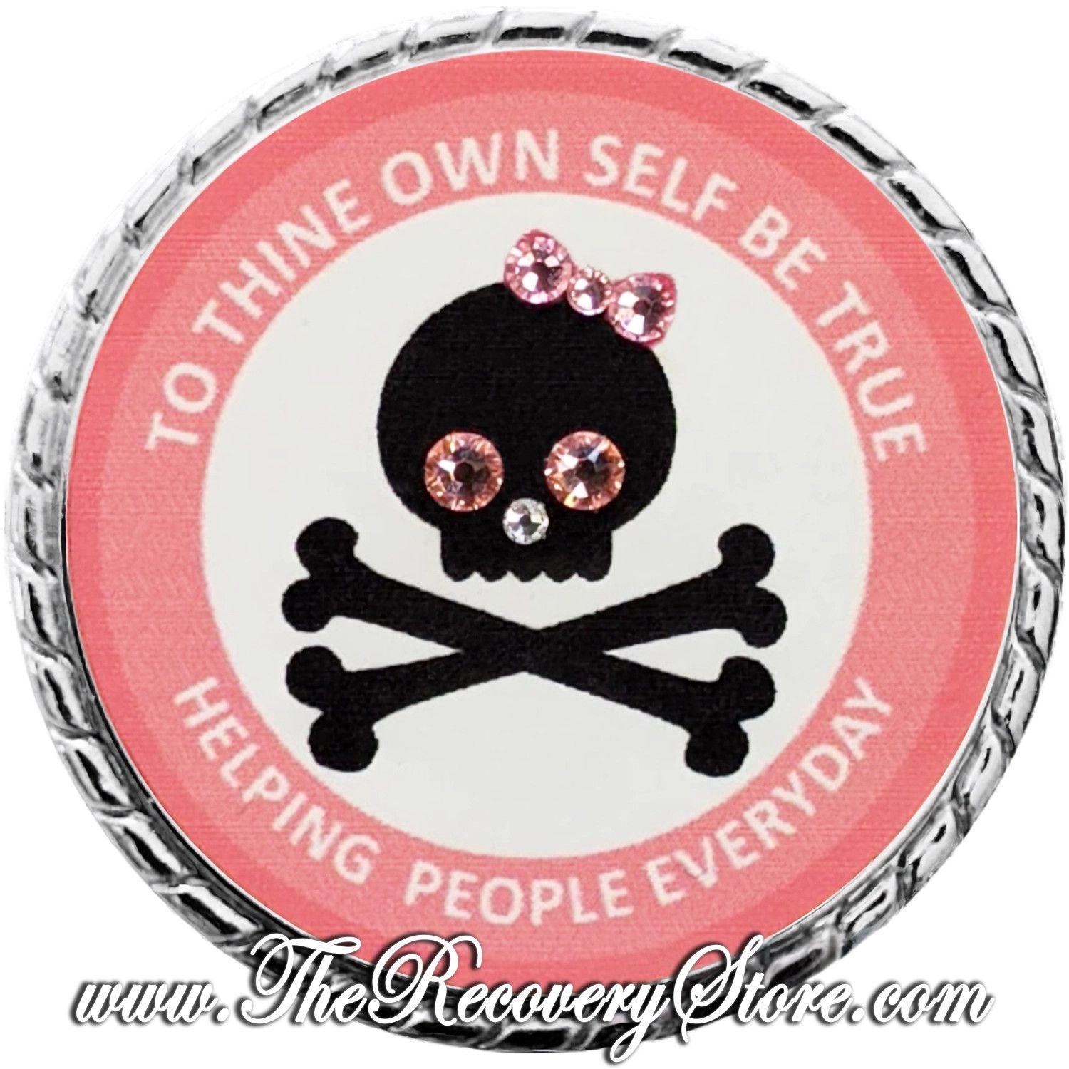 Large Medallion - Pink &amp; White Skull &amp; Bow with Rose Peach Crystal &amp; Silver Trim