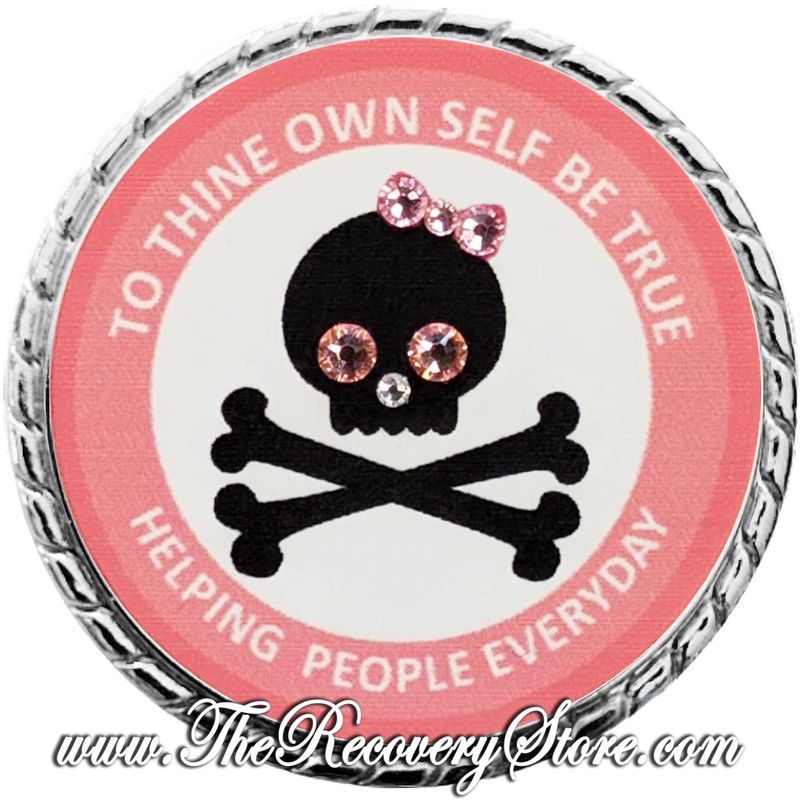 Large Medallion - Pink &amp; White Skull &amp; Bow with Rose Peach Crystal &amp; Silver Trim