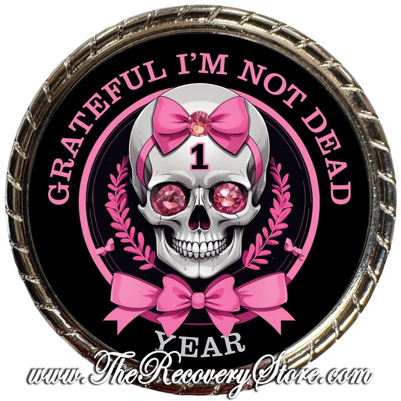 Large Medallion - Grateful I&#39;m Not Dead Yearly Skull with Pink Bows &amp; Crystals Silver Trim
