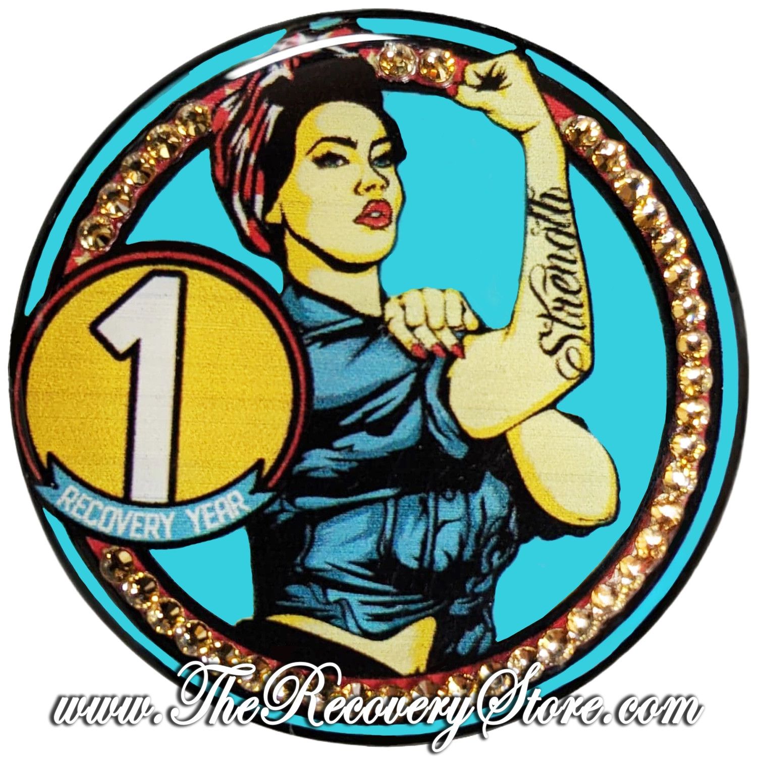 Crystallized Large Medallion - Woman Strength Yearly with Light Colorado Topaz Crystals, Milestone: 01