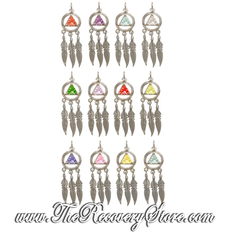 Sterling Silver AA Symbol in Triangle Colored CZ Birthstones with 3 Feathers Earrings