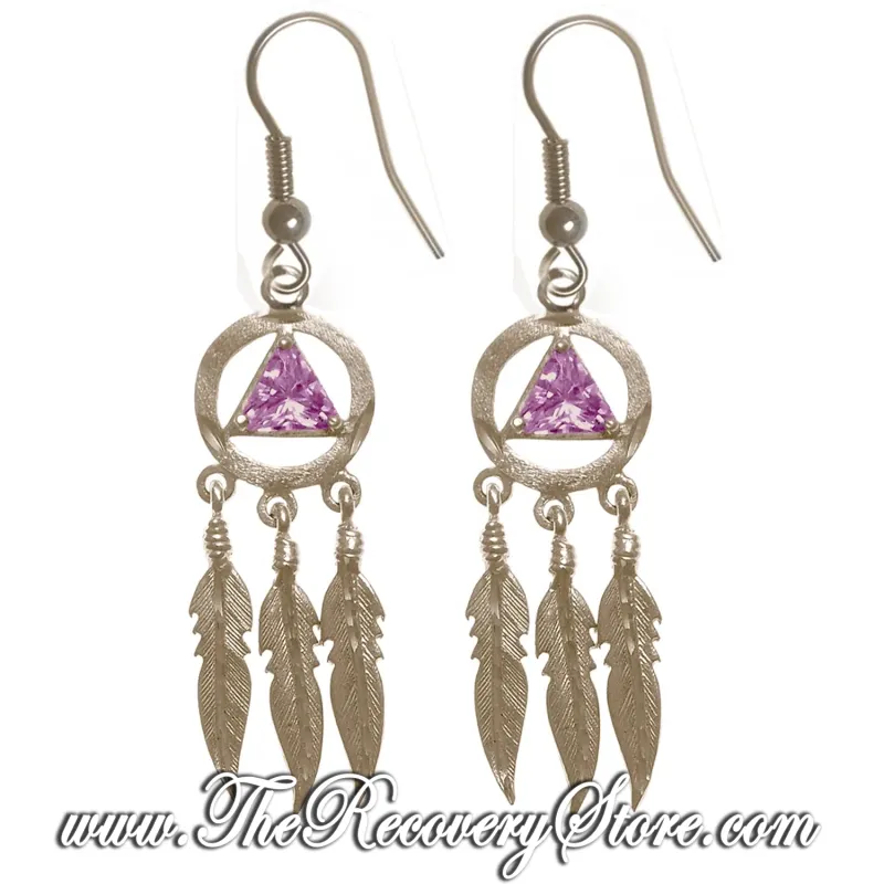 Sterling Silver AA Symbol in Triangle Colored CZ Birthstones with 3 Feathers Earrings
