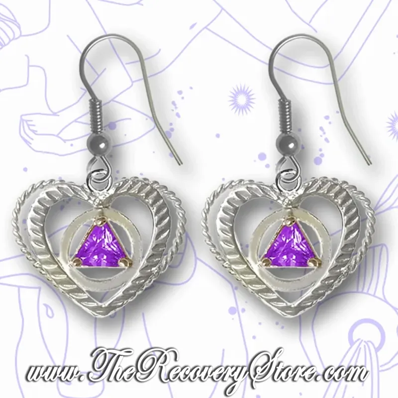 Sterling Silver AA Symbol Heart Cubic Zirconia Triangle Birthstones Earrings