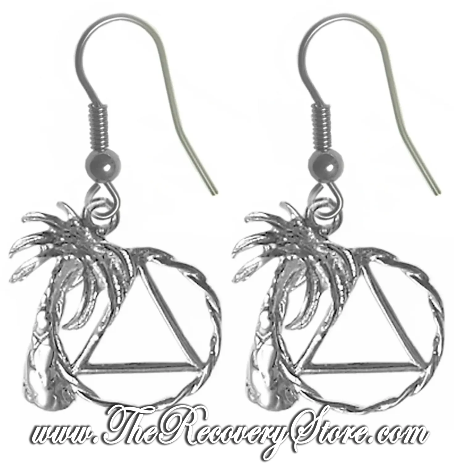 Sterling Silver Palm Tree w/ AA Symbol in Twist Wire Circle Earrings