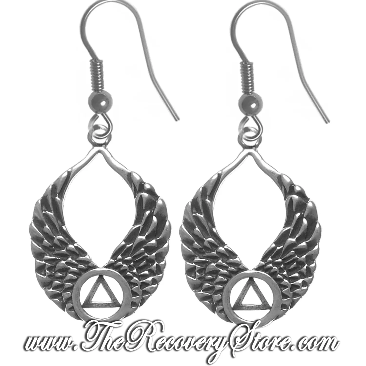 Sterling Silver AA Recovery Symbol on Beautiful Angel Wings Earrings