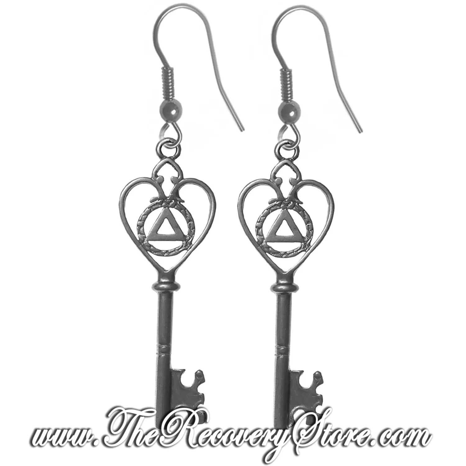 Sterling Silver AA Old Style Heart Key Earrings
