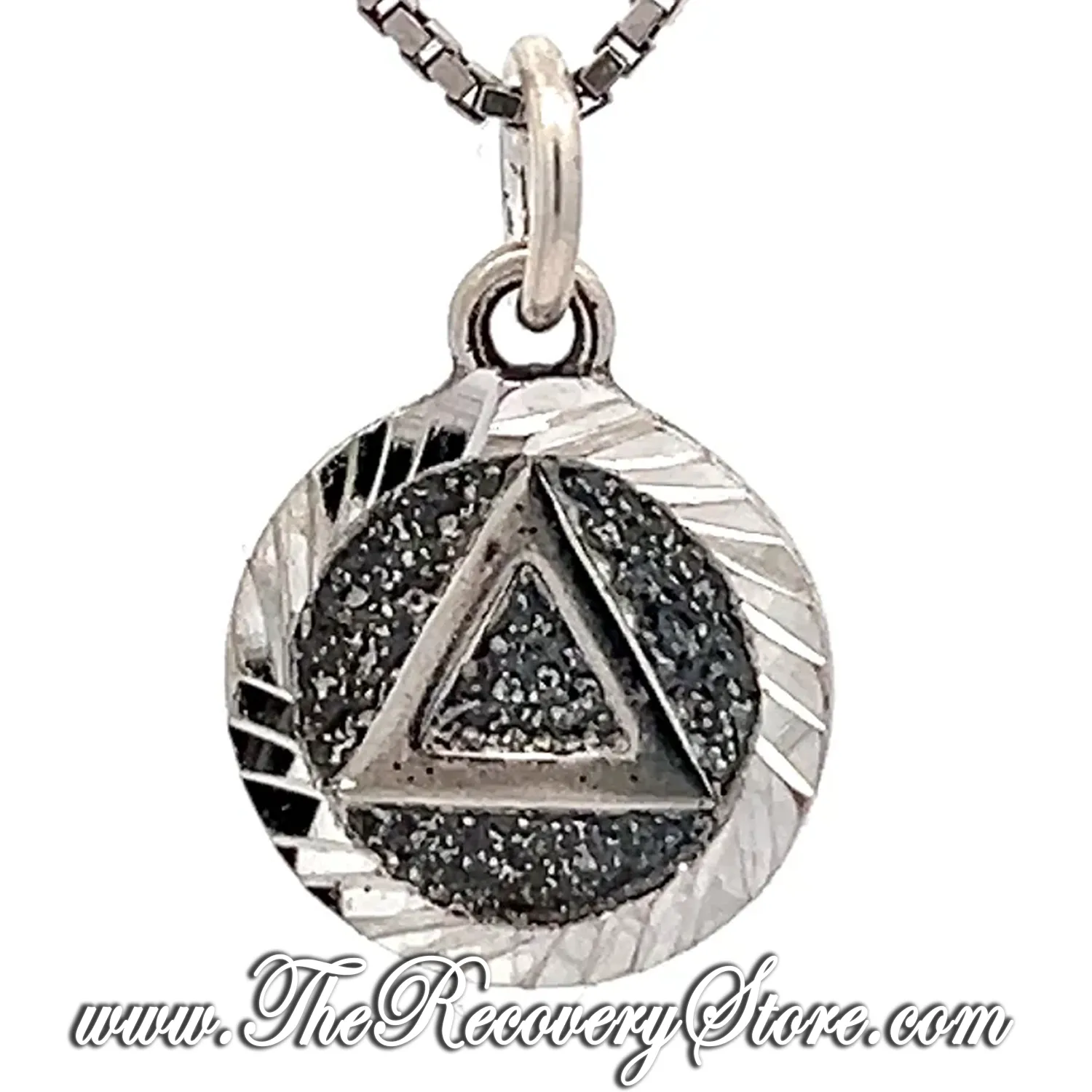 Sterling Silver Triangle in Solid Textured Coin Style Circle w/Diamond Cut Accents, Small Size Pendant