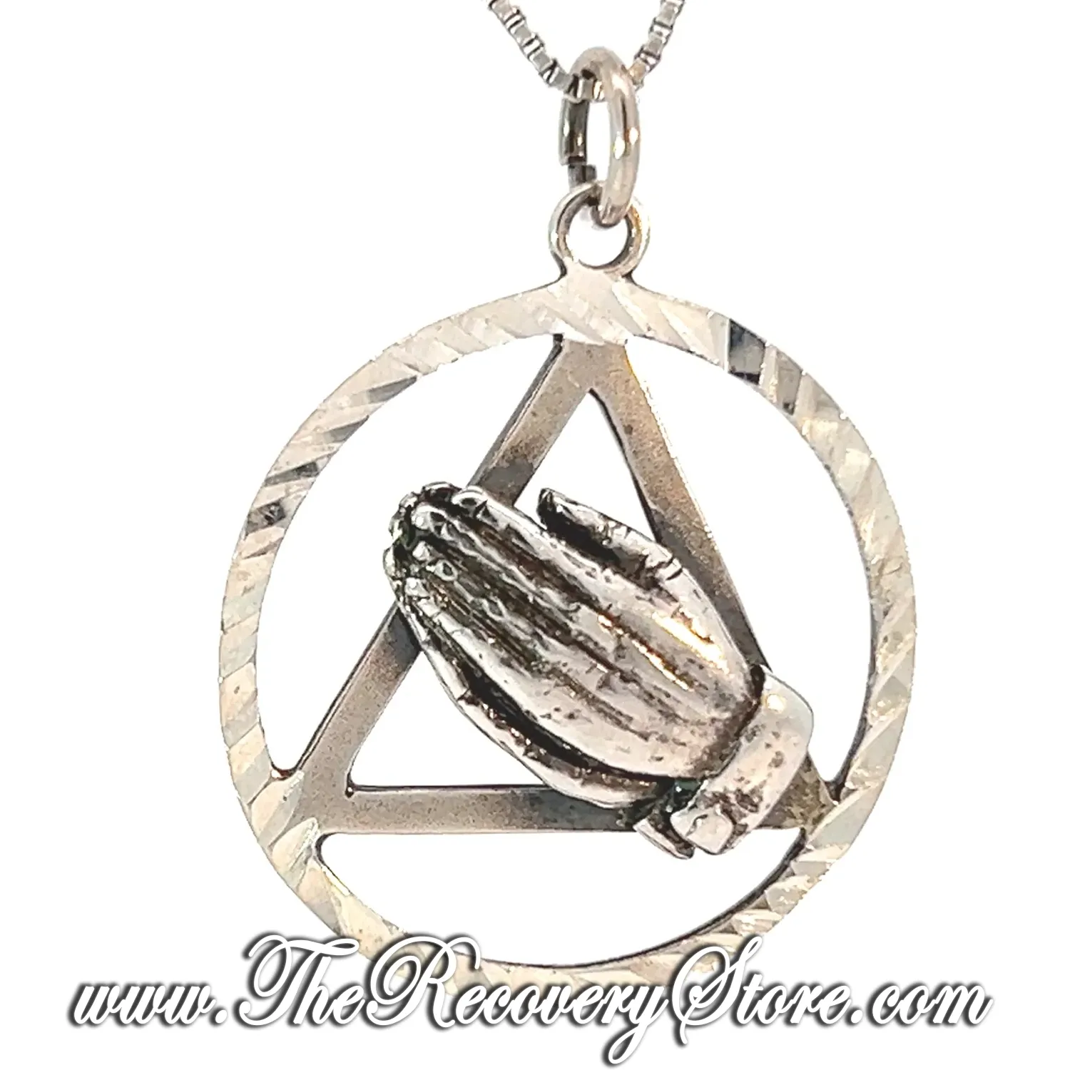 Sterling Silver AA Symbol with Praying Hands in a Diamond Cut Circle, Large Size Pendant