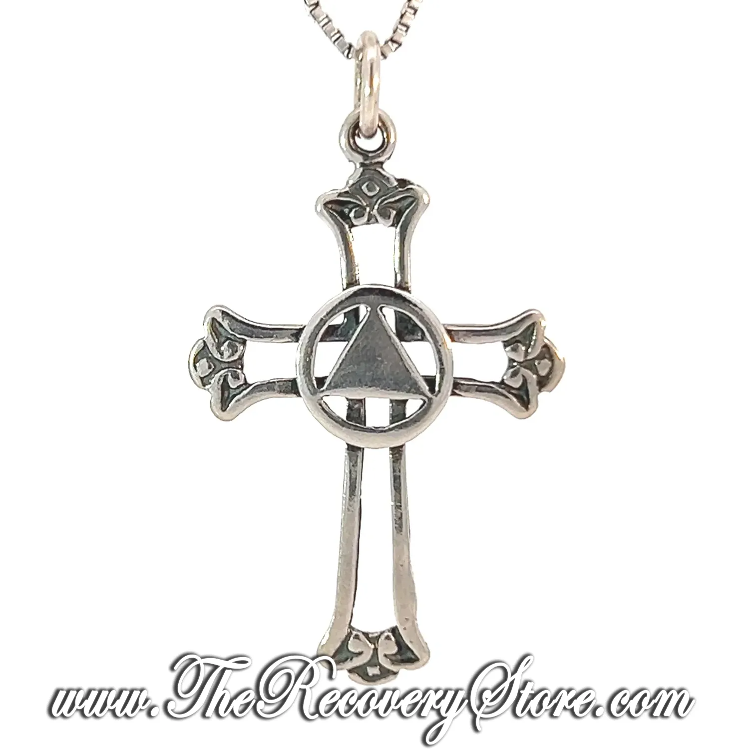 AA Symbol Solid Triangle Set in an Open Cross Sterling Silver Pendant