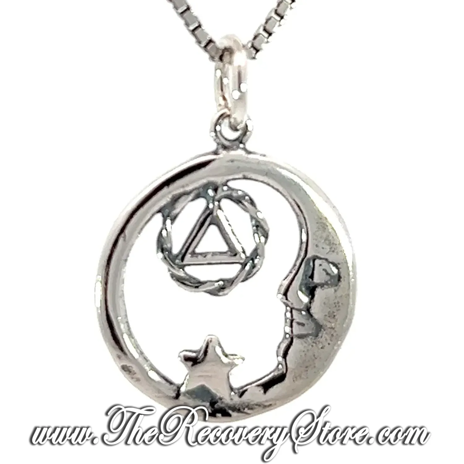 Sterling Silver Moon and Star Pendant w/ AA Symbol, Medium Size Pendant