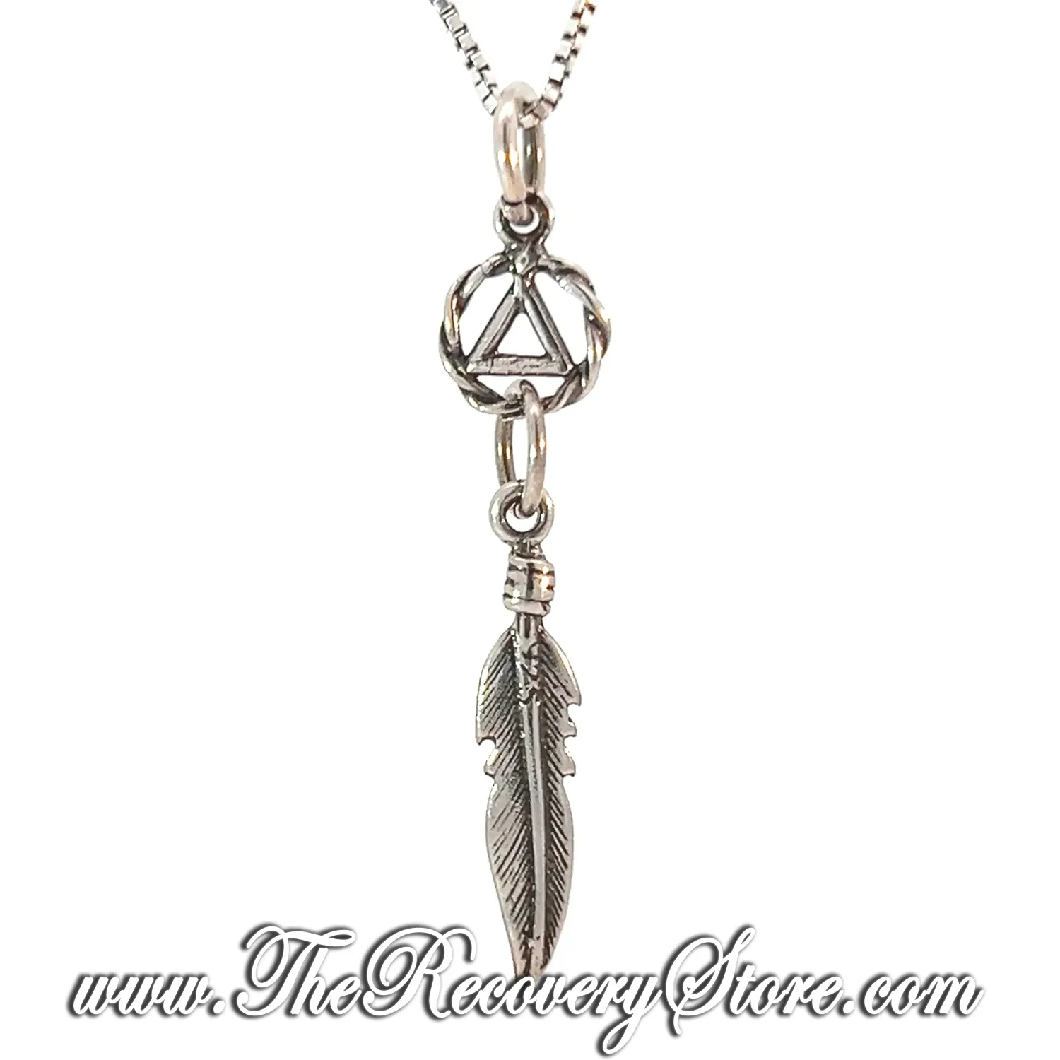 Sterling Silver AA Circle Twist Triangle with a Single Feather Pendant