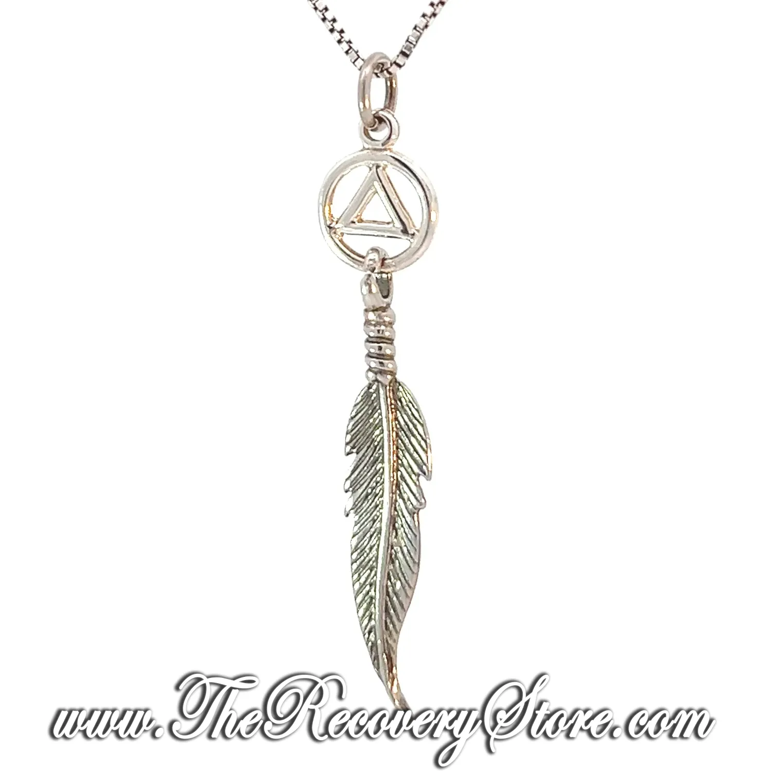 Sterling Silver AA Circle Triangle with a Single Feather Pendant