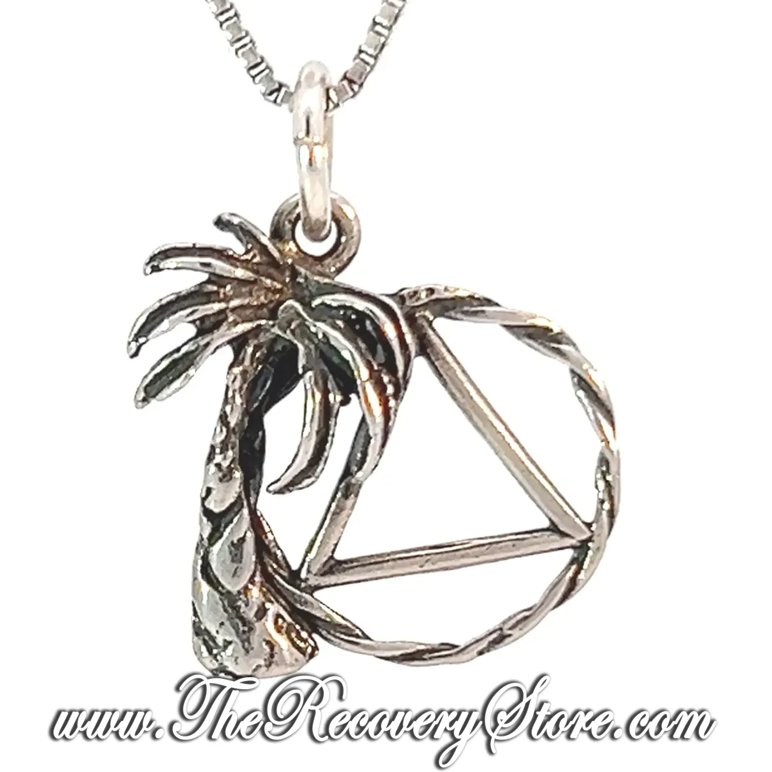 Sterling Silver Palm Tree with AA Symbol in Twist Wire Circle Medium Size Pendant