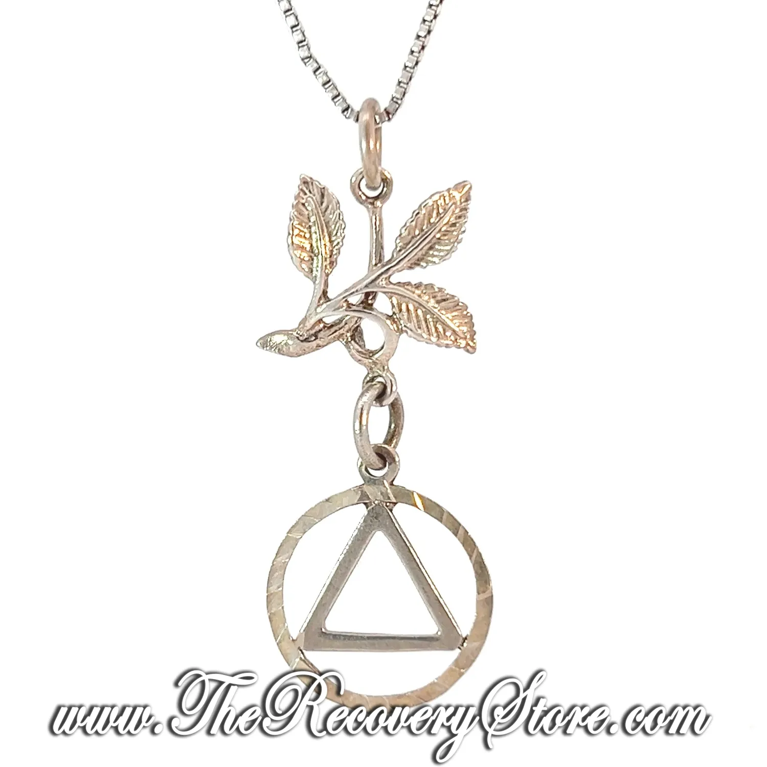 Sterling Silver Textured Triangle in a Diamond Cut Circle with 3 Leaves Pendant